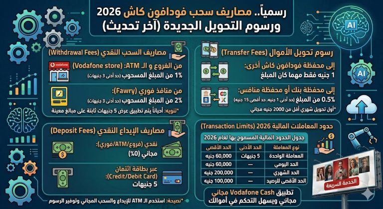 رسمياً.. مصاريف سحب فودافون كاش 2026 ورسوم التحويل الجديدة (آخر تحديث)