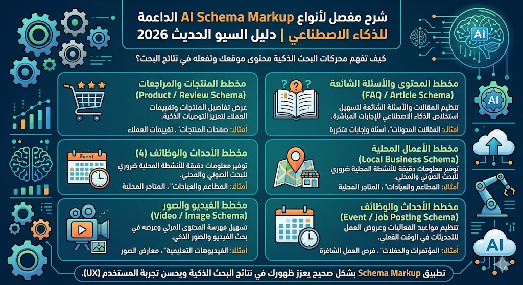 شرح مفصل لأنواع Schema Markup الداعمة للذكاء الاصطناعي | دليل السيو الحديث 2026