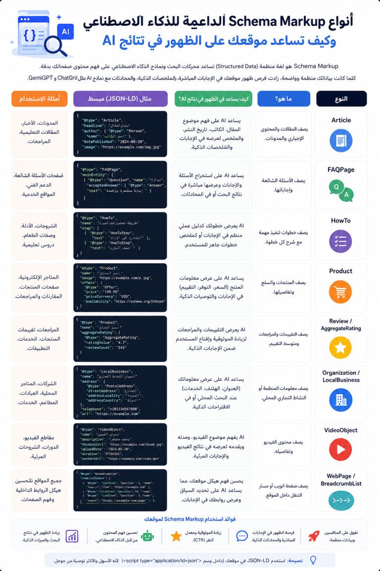 شرح مفصل لأنواع Schema Markup الداعمة للذكاء الاصطناعي وكيف تساعد موقعك على الظهور في نتائج AI