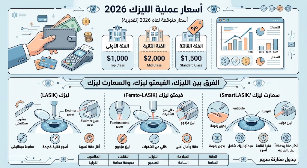 أسعار عملية الليزك 2026 | الفرق بين الليزك والفيمتو ليزك والسمارت ليزك